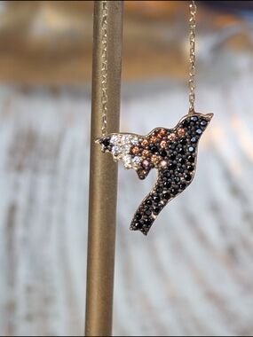 Delicate Hummingbird Pendant Necklace With Black And Gold Crystals
